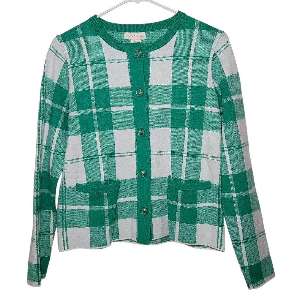 Cynthia Rowley Plaid Button Front Cardigan Sweater Green White Medium Preppy - Picture 3 of 10